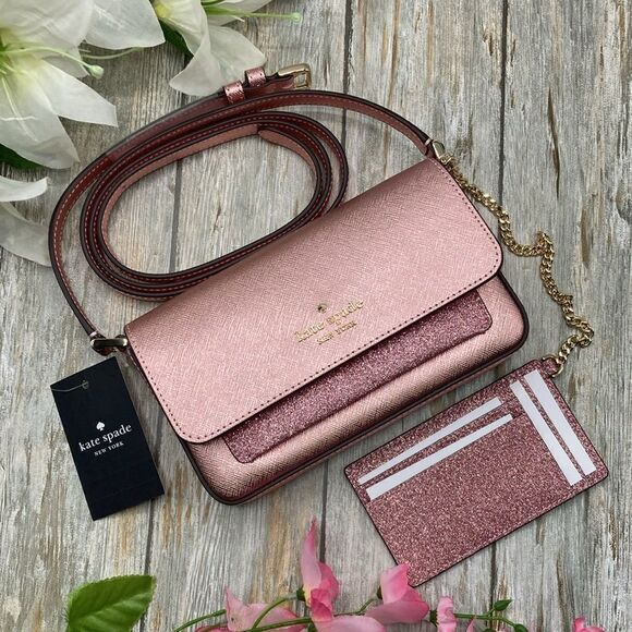 Kate Spade Glimmer Glitter Crossbody Duo Card Holder Bag Purse Mitten Pink - Picture 1 of 13